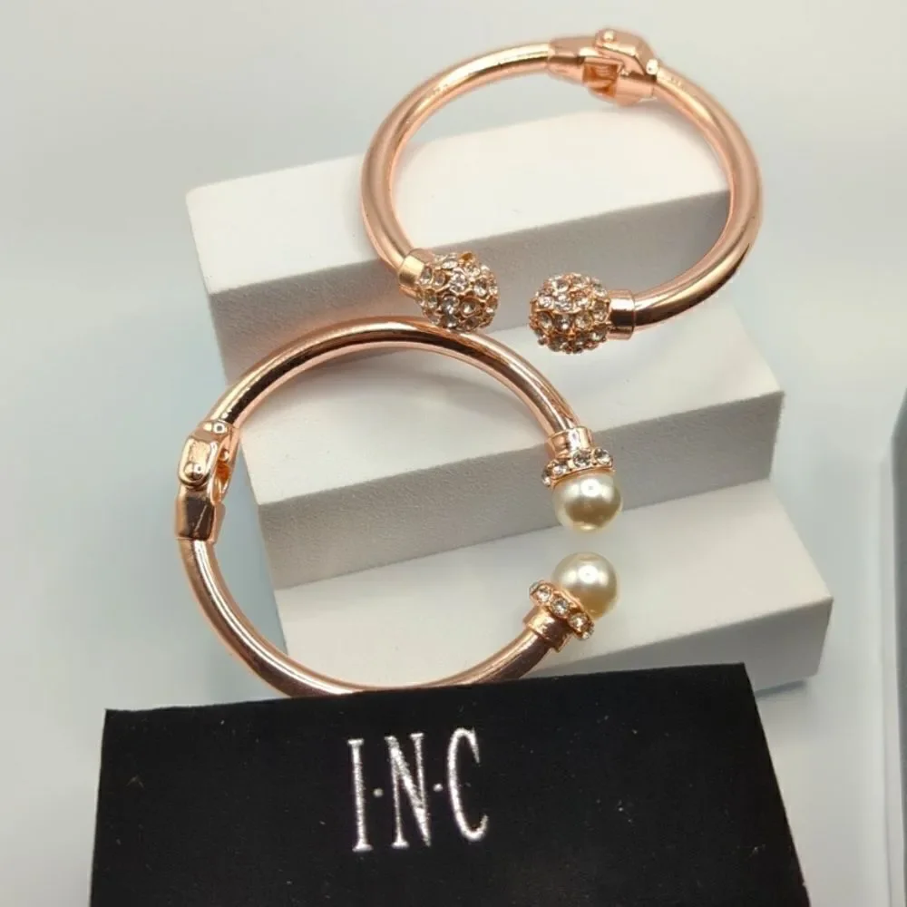 I.n.c. Imitation Rose Pearl and Crystal Fireball Hinge Bracelet Set in Rose Gold